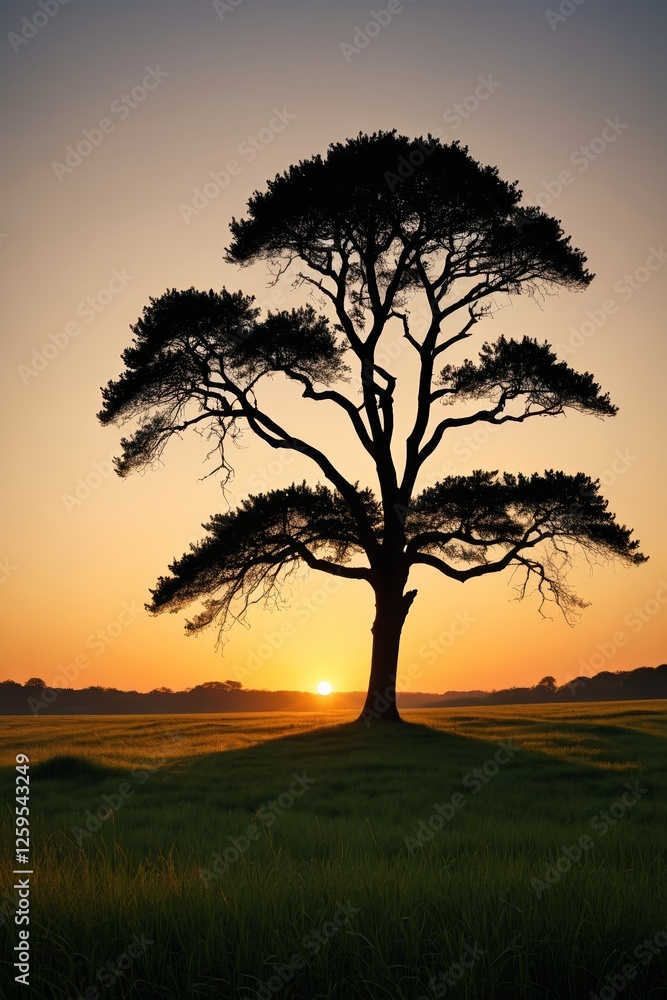 Fototapeta premium arafed tree in a field with the sun setting behind it