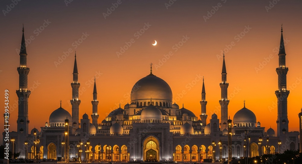 Fototapeta premium A stunning mosque illuminated at sunset, featuring grand domes, towering minarets, and intricate architecture under a crescent moon in the twilight sky.