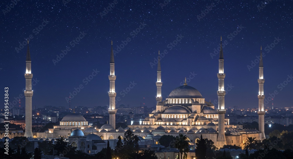 Naklejka premium A magnificent mosque illuminated under a starry night sky, showcasing grand domes and towering minarets, blending architectural beauty with spiritual serenity.