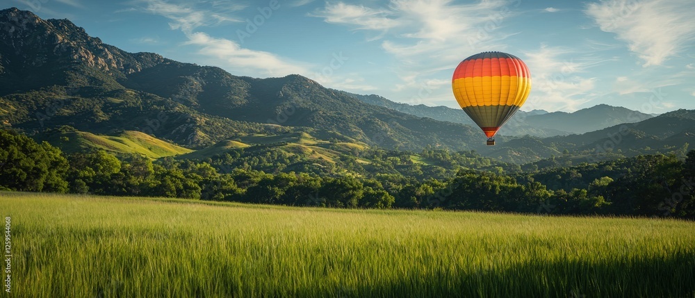Obraz premium Colorful Hot Air Balloon Floating Above a Grassy Field Surrounded by Rolling Hills Under a Clear Blue Sky