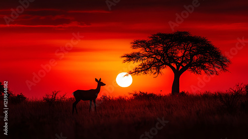 African Deer Silhouette at Sunset – Wildlife Vector Illustration۔ Generative Ai
