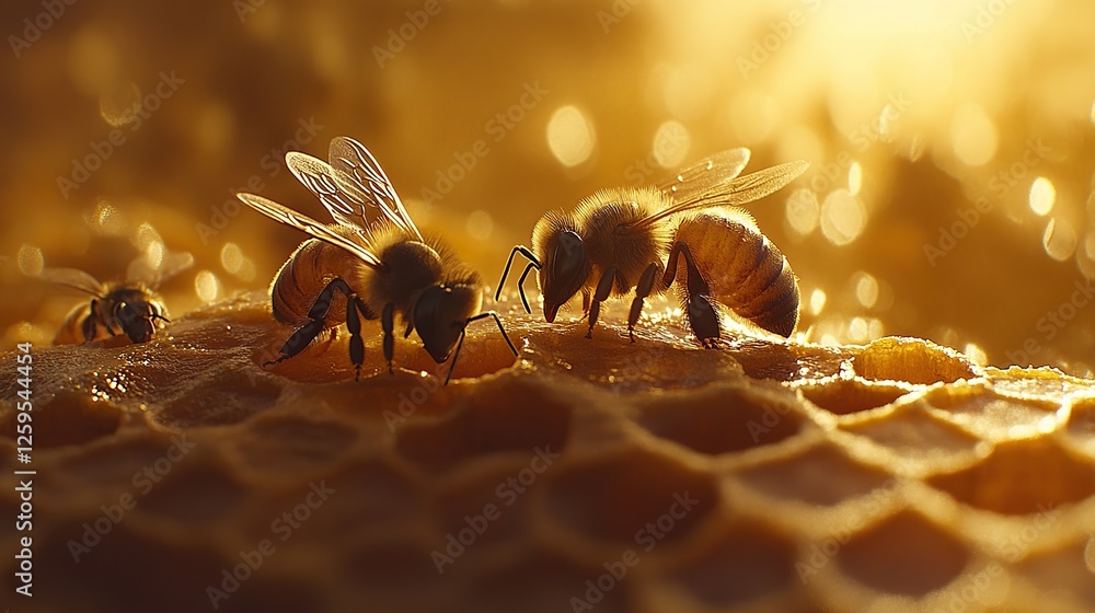 Honeybees working honeycomb sunset farm Honeybees working honeycomb sunset farm