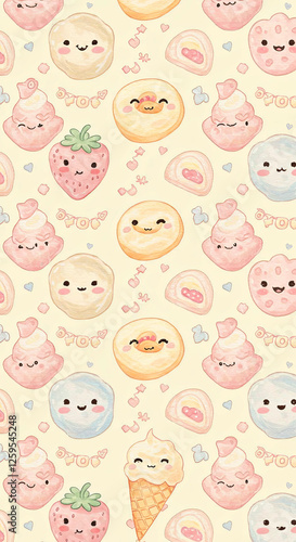 Kawaii Cute Characters Watercolor Pattern Wallpaper Background