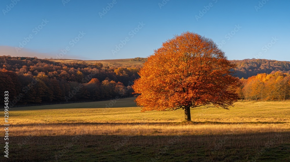 Naklejka premium Solitary autumn tree in field, hills background, nature scenery, wallpaper