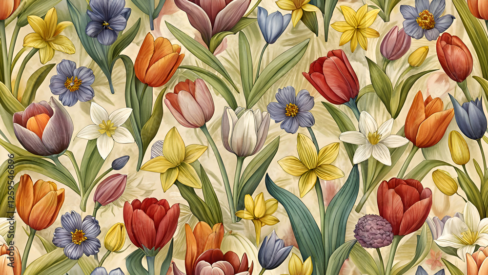 Vibrant Spring Flowers. Colorful Tulips & Daffodils Vibrant Spring Flowers. Colorful Tulips & Daffodils