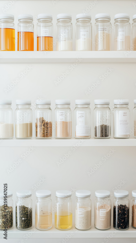 collection of jars filled with various spices, powders, and liquids arranged neatly on shelves, showcasing vibrant and organized kitchen display collection of jars filled with various spices, powders, and liquids arranged neatly on shelves, showcasing vibrant and organized kitchen display