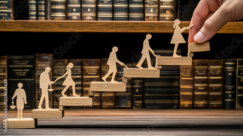 Wooden Figures Climbing a Staircase in Front of Bookshelves