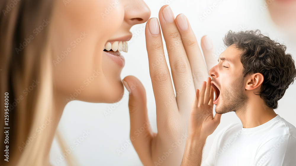 Surreal size illusion of a whispering woman and a tiny yawning man Surreal size illusion of a whispering woman and a tiny yawning man