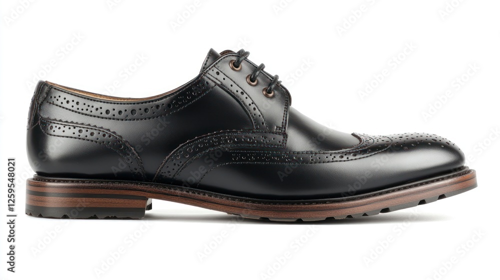 Black leather brogues with a thick sole and round toe, side view on a white background. Men's shoes in black color with brown rubber outsoles.