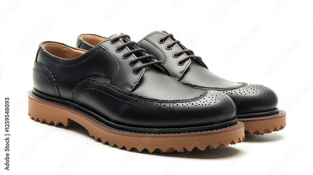Black leather brogues with a thick sole and round toe, side view on a white background. Men's shoes in black color with brown rubber outsoles. Black leather brogues with a thick sole and round toe, side view on a white background. Men's shoes in black color with brown rubber outsoles.