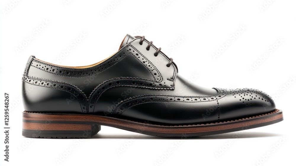 Black leather brogues with a thick sole and round toe, side view on a white background. Men's shoes in black color with brown rubber outsoles. Black leather brogues with a thick sole and round toe, side view on a white background. Men's shoes in black color with brown rubber outsoles.