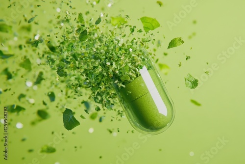 A green herbal capsule breaking open, releasing fresh herbs and extracts photo