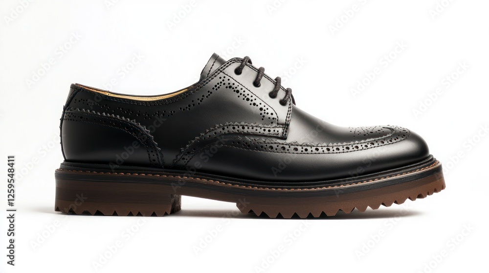 Black leather brogues with a thick sole and round toe, side view on a white background. Men's shoes in black color with brown rubber outsoles. Black leather brogues with a thick sole and round toe, side view on a white background. Men's shoes in black color with brown rubber outsoles.