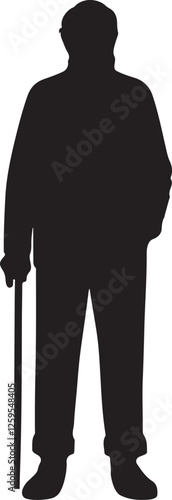 silhouette of old man standing with stick vector art illustration