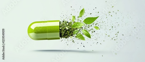 A green herbal capsule breaking open, releasing fresh herbs and extracts photo