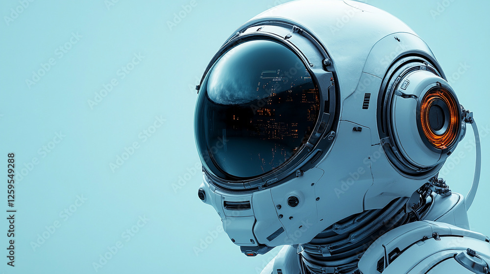 A futuristic robot head with a sleek cyberpunk helmet symbolizes advanced AI, digital evolution, and the fusion of humanity with technology. The modern bright background conveys innovation and progres A futuristic robot head with a sleek cyberpunk helmet symbolizes advanced AI, digital evolution, and the fusion of humanity with technology. The modern bright background conveys innovation and progres