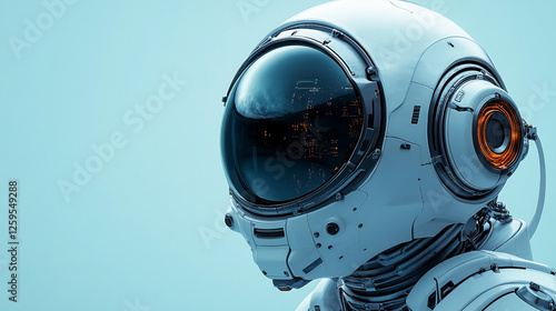 A futuristic robot head with a sleek cyberpunk helmet symbolizes advanced AI, digital evolution, and the fusion of humanity with technology. The modern bright background conveys innovation and progres photo