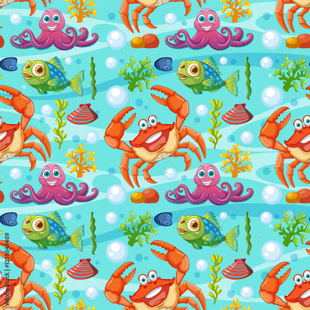 Obraz premium Vibrant sea life illustration with crabs and fish