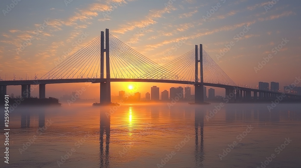 Majestic sunrise over a modern bridge reflecting in calm waters with city skyline in background Majestic sunrise over a modern bridge reflecting in calm waters with city skyline in background