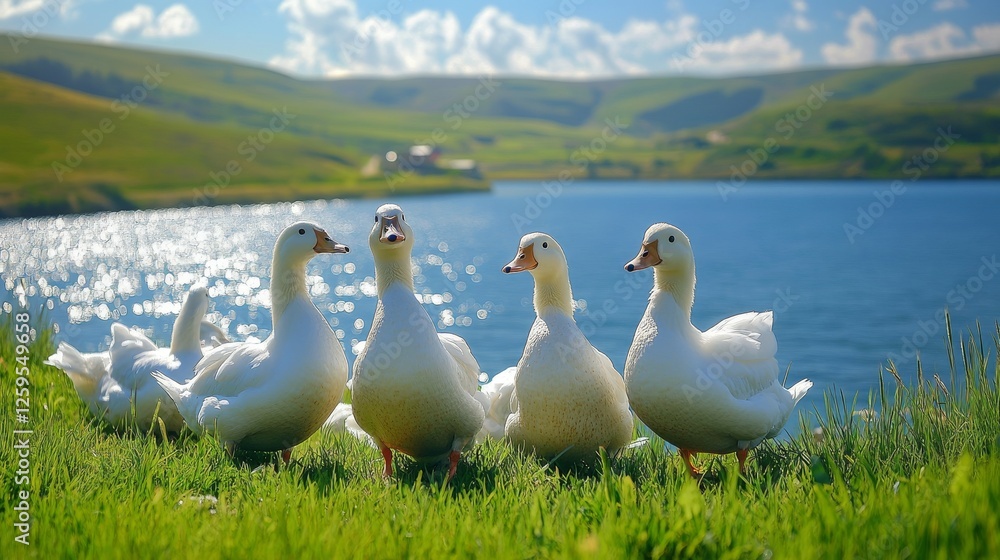 Obraz premium 57.A natural setting of white ducks standing and sitting on soft green grass next to a sparkling body of water, with the backdrop of a clear blue sky and distant hills.