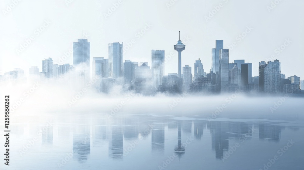 Obraz premium Misty City Skyline Reflection with Fog and Modern Buildings Under Clear Blue Sky