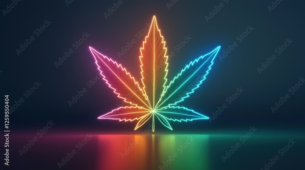 Cannabis leaf outlined in neon lights on a dark gradient Cannabis leaf outlined in neon lights on a dark gradient