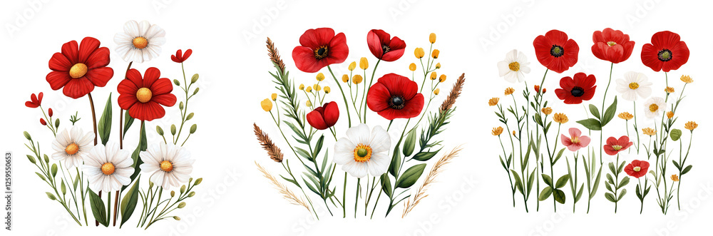 Fototapeta premium Bright summer wildflowers in red, white, and yellow, creating vibrant floral arrangement, isolated on transparent background.