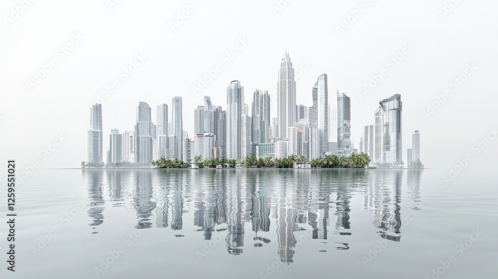 Fototapeta premium Modern Skyline Reflection Over Calm Water with Skyscrapers and Greenery in Urban Environment