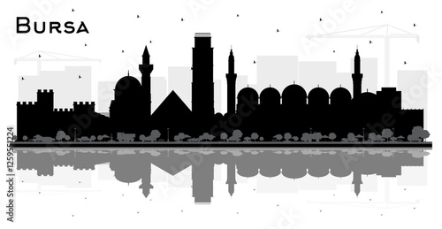 Bursa Turkey City Skyline Silhouette with Black Buildings and reflections Isolated on White. Tourism Concept with Historic Architecture. Bursa Cityscape with Landmarks.