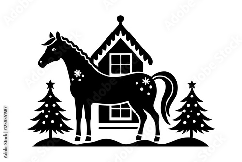 christmas cottage farm horse  silhouette  vector