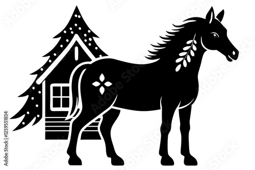 christmas cottage farm horse  silhouette  vector