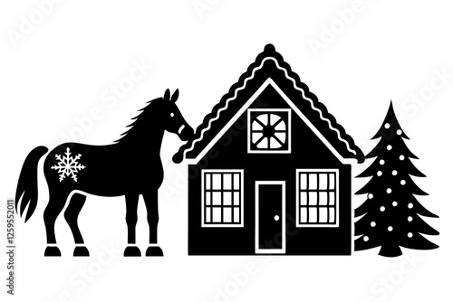 christmas cottage farm horse  silhouette  vector