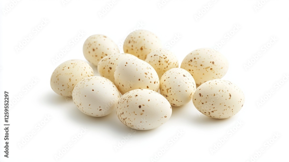 117.A simple, clean shot of raw duck eggs on a white background, with soft shadows beneath each egg, showcasing their smooth texture and protein-packed benefits.