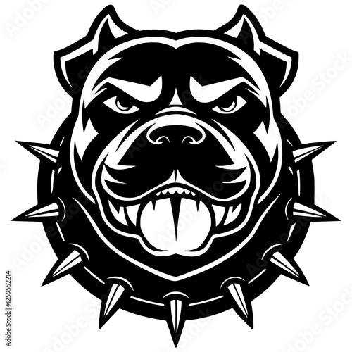 An aggressive bulldog head is in a striking bold black and white silhouette with a tough expression and spiked collar. Great for sports teams, esports branding, digital artwork, vector mascot