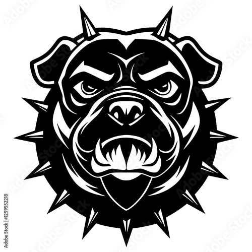 An aggressive bulldog head is in a striking bold black and white silhouette with a tough expression and spiked collar. Great for sports teams, esports branding, digital artwork, vector mascot