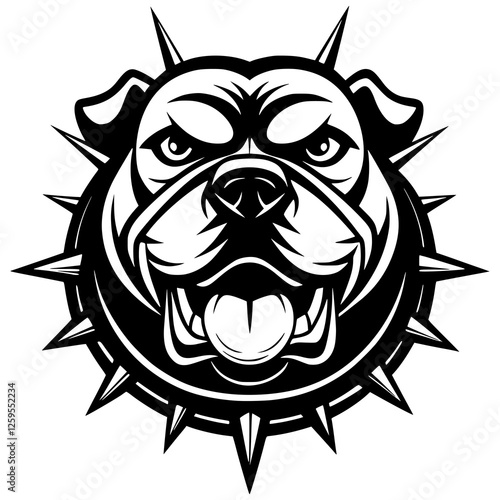 An aggressive bulldog head is in a striking black and white silhouette with a tough expression and spiked collar. Great for sports teams, esports branding, digital artwork, vector mascot