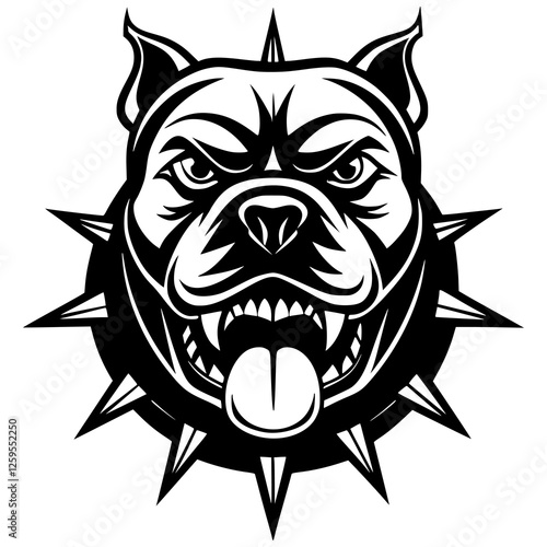 An aggressive bulldog head is in a striking black and white silhouette with a tough expression and spiked collar. Great for sports teams, esports branding, digital artwork, vector mascot