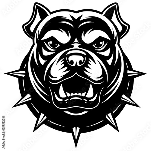 An aggressive bulldog head is in a striking bold black and white silhouette with a tough expression and spiked collar. Great for sports teams, esports branding, digital artwork, vector mascot