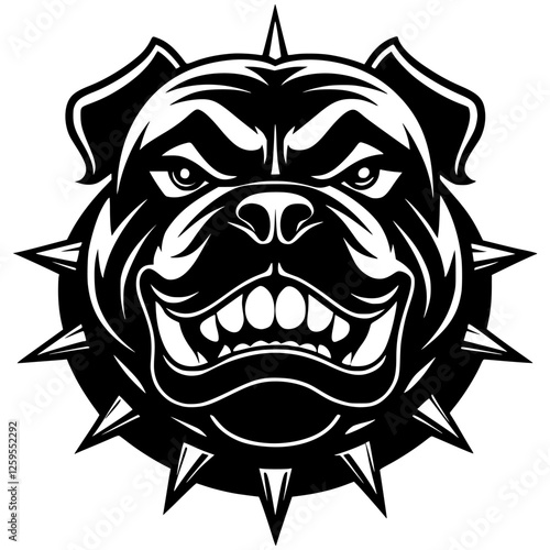An aggressive bulldog head is in a striking bold black and white silhouette with a tough expression and spiked collar. Great for sports teams, esports branding, digital artwork, vector mascot