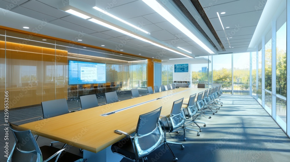 Bright Modern Conference Room with Large Table and Scenic Window Views Bright Modern Conference Room with Large Table and Scenic Window Views