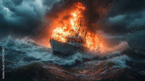 Dramatic scene of a white crab boat on fire amidst stormy seas