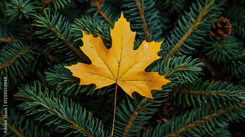 Fototapeta premium yellow maple leaf lies on green coniferous leaves