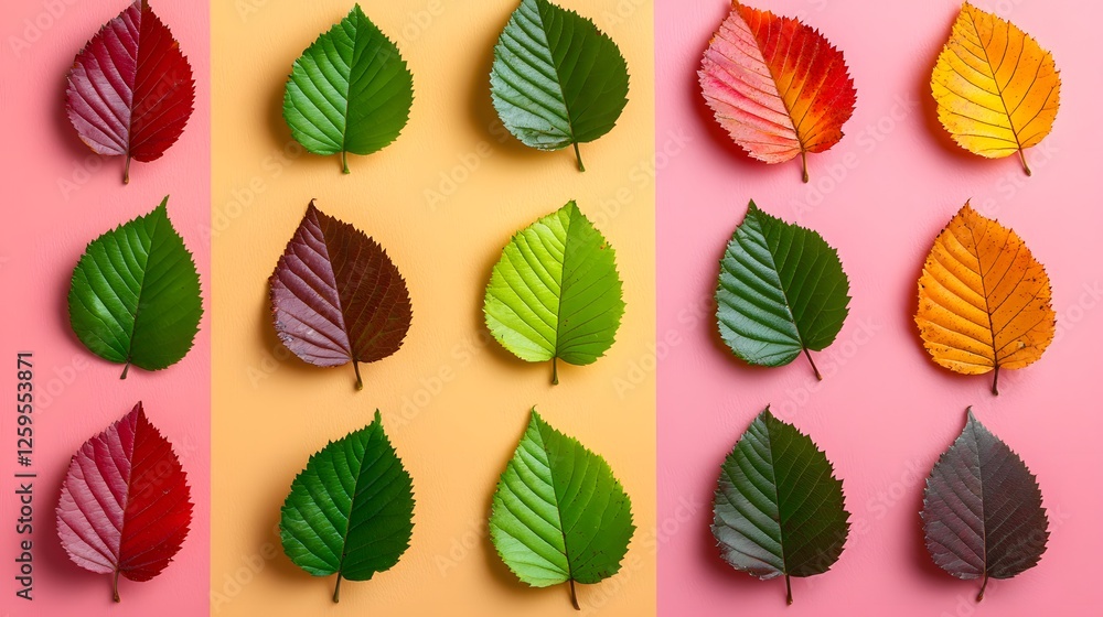 Obraz premium Vibrant Leaf Patterns on Colorful Backgrounds in Solid Contrast