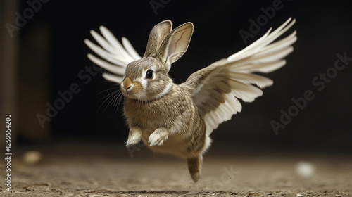 A flying rabbit with wings is running on the ground, conveying a sense of wonder and joyous liberation. photo