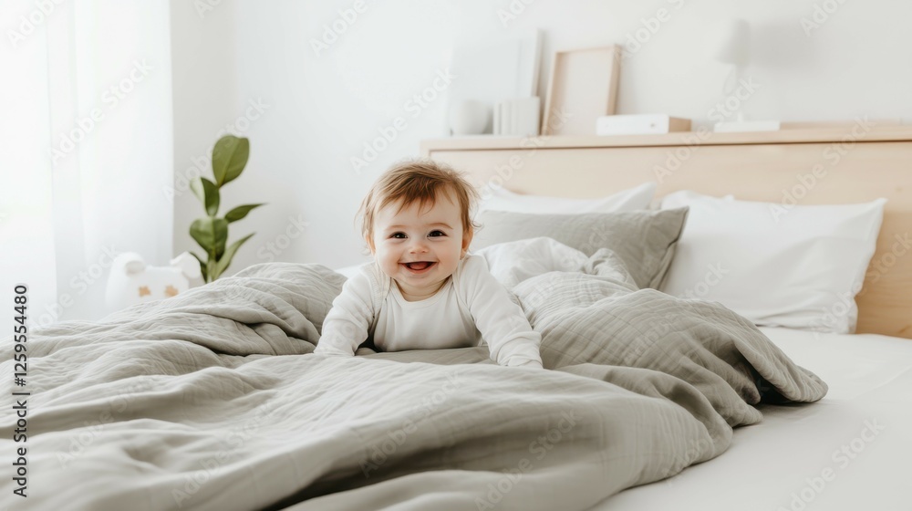 Baby's Joyful Morning: A cheerful baby with rosy cheeks playfully crawls on a sage green linen duvet, nestled in a bright and airy bedroom, radiating pure happiness. Baby's Joyful Morning: A cheerful baby with rosy cheeks playfully crawls on a sage green linen duvet, nestled in a bright and airy bedroom, radiating pure happiness.