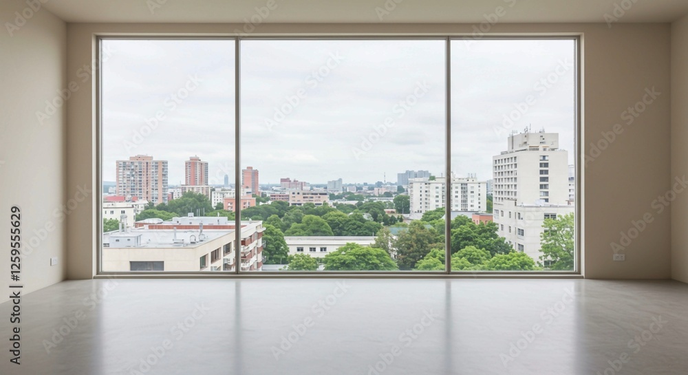 Fototapeta premium This bright and spacious room features a large window with an urban view, complemented by neutral colors, hardwood floors, and minimalist decor