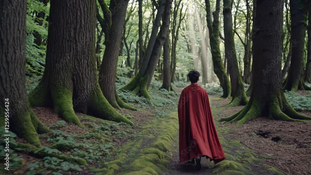Aerial video of a person in a red cloak walking through a lush, green forest path, creating a mystical and adventurous atmosphere. Aerial video of a person in a red cloak walking through a lush, green forest path, creating a mystical and adventurous atmosphere.