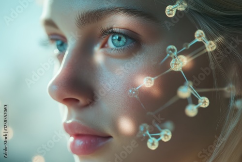 A young woman’s flawless skin radiating vitality with floating molecular structures