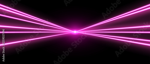 Laser rays or beams, glowing neon lines, bright futuristic background. Motion or speed light effect. Concert or nightclub spotlights. Vector illustration.