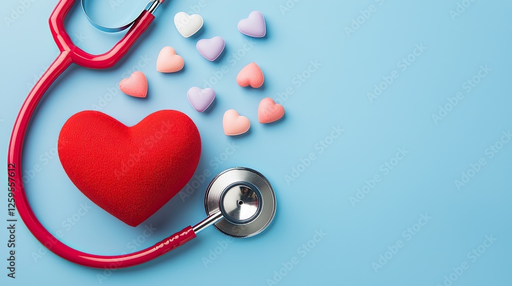 A vibrant image featuring a red heart next to a stethoscope, surrounded by pastel-colored hearts on a blue background, symbolizing love and health. A vibrant image featuring a red heart next to a stethoscope, surrounded by pastel-colored hearts on a blue background, symbolizing love and health.